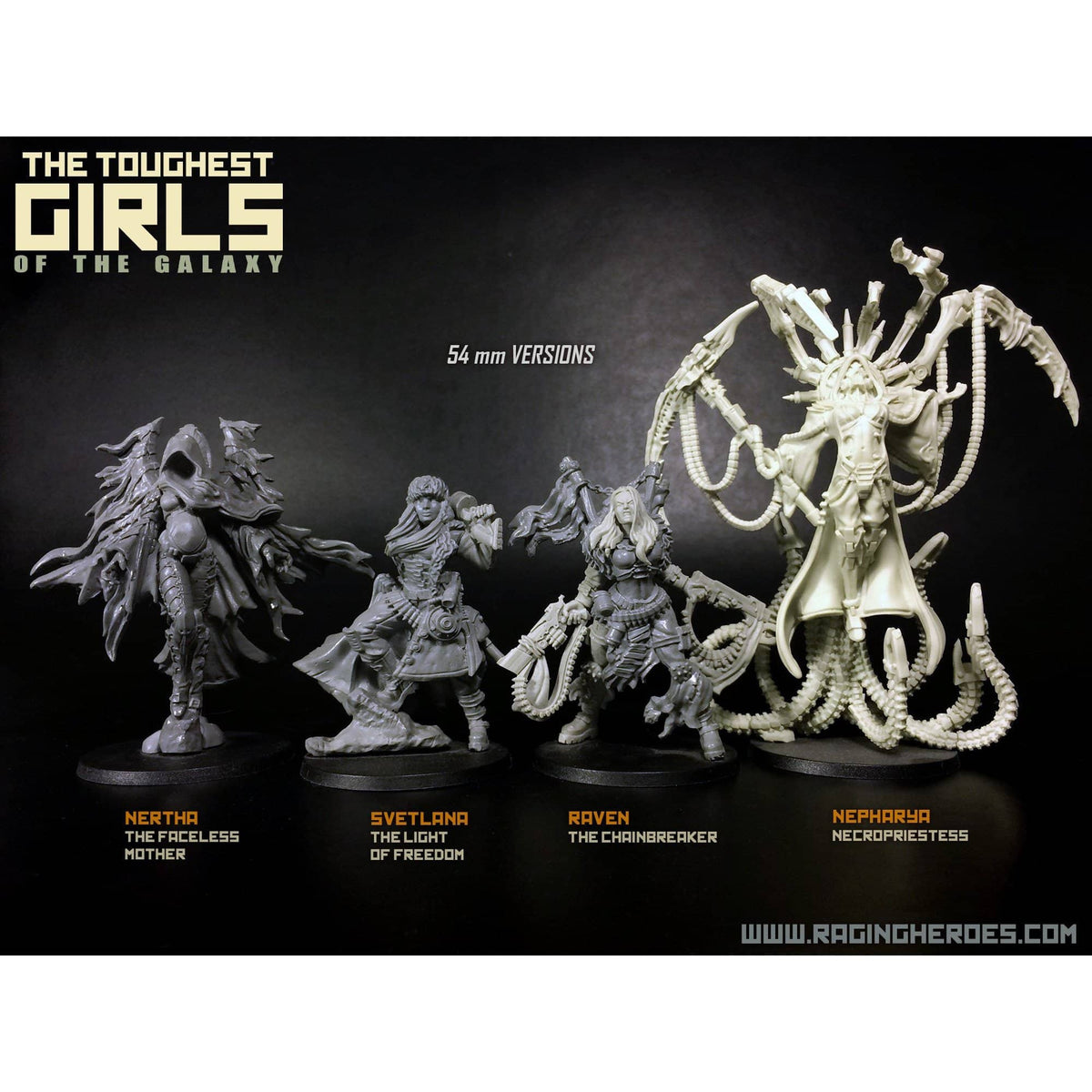 Nepharya and all 3 Freedom Fighters in 54mm Heroic Scale - Raging Heroes